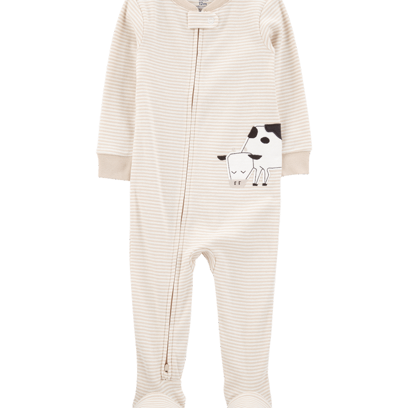 Baby Boy Cow Striped Snug Fit Cotton Footie 1-Piece Pyjamas - Tan