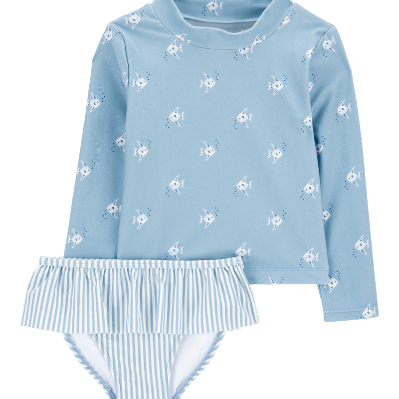 Toddler Girl 2-Piece Shell Striped Long-Sleeve Rashguard Swim Set - Blue